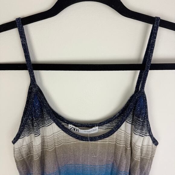 NWOT Zara Womens Metallic Thread Knit Striped Special Edition Blue/Cream Tank XL - Picture 3 of 8